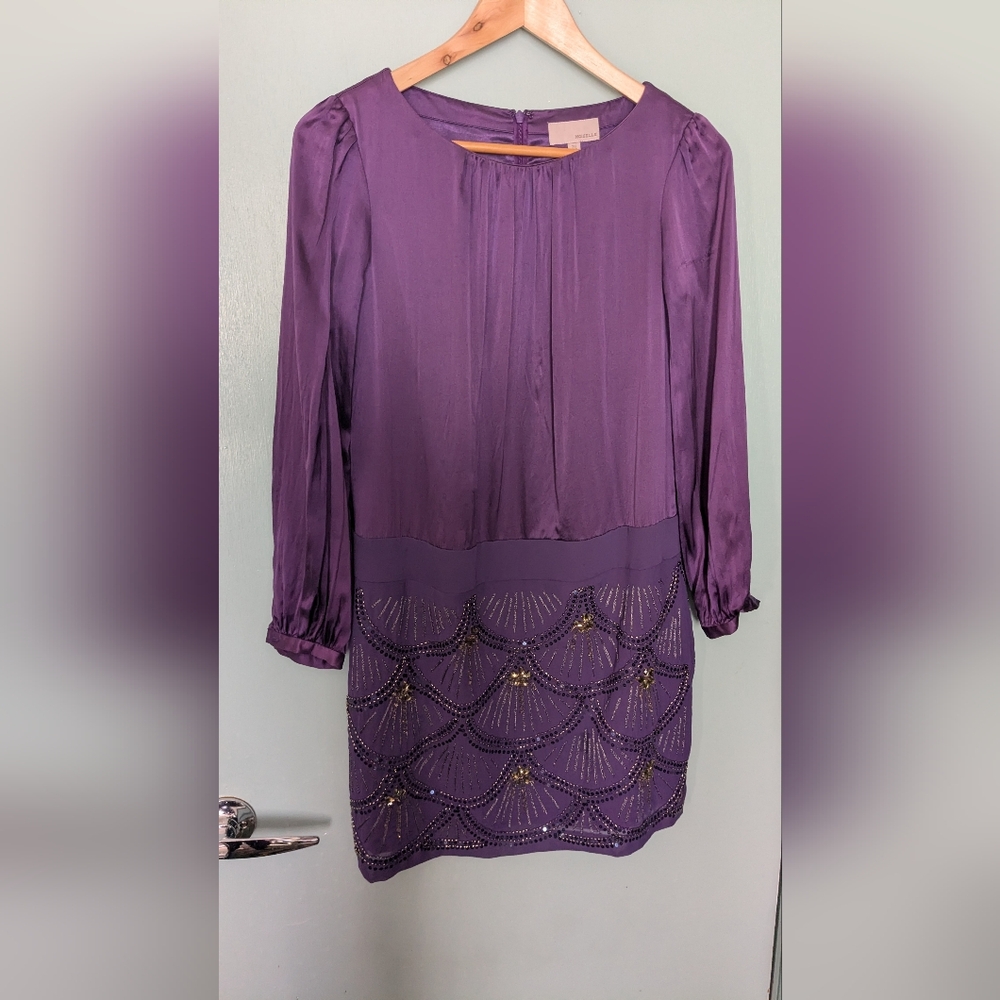 Moiselle Mulberry Silk Beaded Art Deco Cocktail Dress Purple Sequin US 2